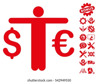 Currency Trader icon with bonus tools design elements. Vector illustration style is flat iconic symbols, red color, white background.