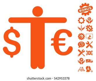 Currency Trader icon with bonus tools pictograph collection. Vector illustration style is flat iconic symbols, orange color, white background.