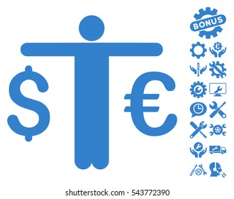 Currency Trader icon with bonus tools design elements. Vector illustration style is flat iconic symbols, cobalt color, white background.