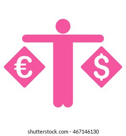 Currency Trader icon. Vector style is flat iconic symbol with rounded angles, pink color, white background.