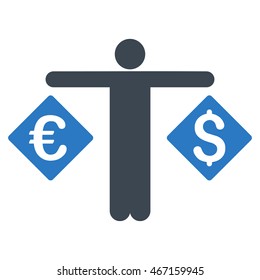 Currency Trader icon. Vector style is bicolor flat iconic symbol with rounded angles, smooth blue colors, white background.