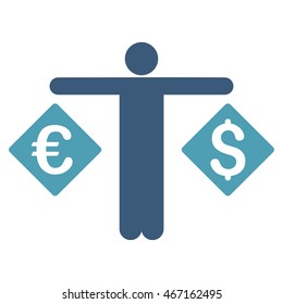 Currency Trader icon. Vector style is bicolor flat iconic symbol with rounded angles, cyan and blue colors, white background.