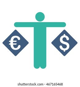Currency Trader icon. Vector style is bicolor flat iconic symbol with rounded angles, cobalt and cyan colors, white background.