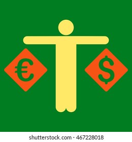 Currency Trader icon. Vector style is bicolor flat iconic symbol with rounded angles, orange and yellow colors, green background.