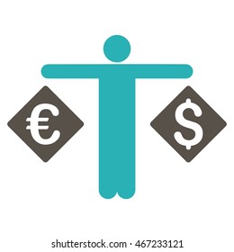 Currency Trader icon. Vector style is bicolor flat iconic symbol with rounded angles, grey and cyan colors, white background.