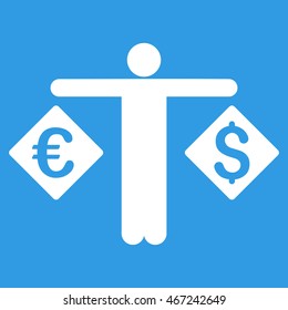 Currency Trader icon. Vector style is flat iconic symbol with rounded angles, white color, blue background.