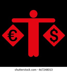 Currency Trader icon. Vector style is flat iconic symbol with rounded angles, red color, black background.