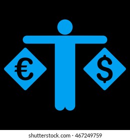 Currency Trader icon. Vector style is flat iconic symbol with rounded angles, blue color, black background.