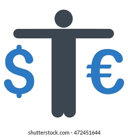 Currency Trader icon. Vector style is bicolor flat iconic symbol with rounded angles, smooth blue colors, white background.