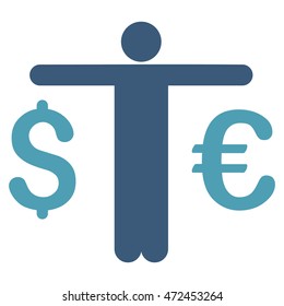 Currency Trader icon. Vector style is bicolor flat iconic symbol with rounded angles, cyan and blue colors, white background.