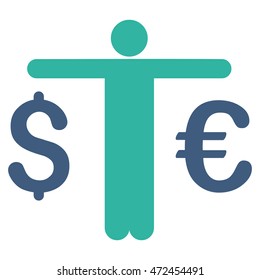 Currency Trader icon. Vector style is bicolor flat iconic symbol with rounded angles, cobalt and cyan colors, white background.