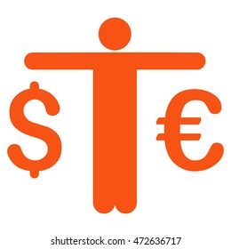 Currency Trader icon. Vector style is flat iconic symbol with rounded angles, orange color, white background.