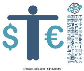 Currency Trader pictograph with bonus calendar and time management pictogram. Vector illustration style is flat iconic bicolor symbols, cyan and blue colors, white background.