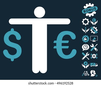 Currency Trader pictograph with bonus tools clip art. Vector illustration style is flat iconic bicolor symbols, blue and white colors, dark blue background.