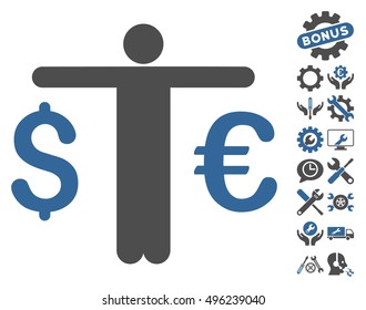 Currency Trader pictograph with bonus tools images. Vector illustration style is flat iconic bicolor symbols, cobalt and gray colors, white background.
