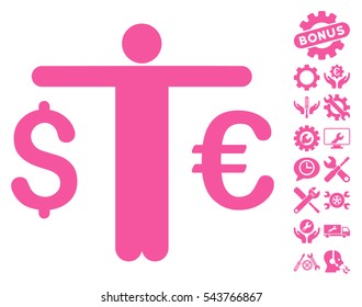 Currency Trader pictograph with bonus tools design elements. Vector illustration style is flat iconic symbols, pink color, white background.