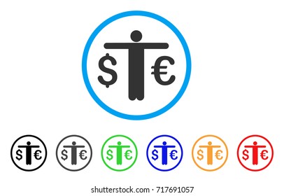 Currency Trader rounded icon. Style is a flat currency trader grey symbol inside light blue circle with black, gray, green, blue, red, orange variants. Vector designed for web and software interfaces.