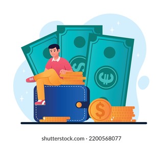 Concepto de comercio de divisas. El hombre se sienta en una billetera con dólares y euros. Alfabetización financiera, economía e inversión en ahorro. Ganancias en Internet e ingresos en línea. Dibujo vectorial plano de dibujos animados