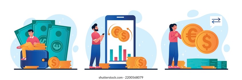 Conjunto de operaciones de divisas. Colección de elementos gráficos para el sitio web. Hombres y mujeres intercambian divisas. Alfabetización financiera y economía. Ilustraciones de caricaturas de vectores planos aisladas en fondo blanco