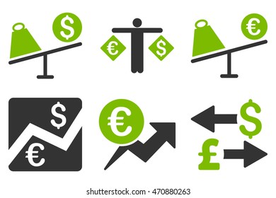 Currency Trading vector icons. Pictogram style is bicolor eco green and gray flat icons with rounded angles on a white background.