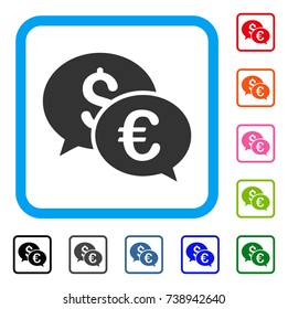 Currency Transactions icon. Flat grey iconic symbol inside a light blue rounded rectangle. Black, gray, green, blue, red, orange color additional versions of Currency Transactions vector.