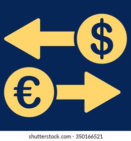 Currency Transactions vector icon. Style is flat symbol, yellow color, rounded angles, blue background.