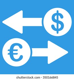 Currency Transactions vector icon. Style is flat symbol, white color, rounded angles, blue background.