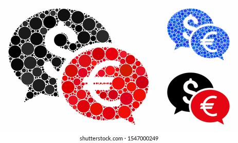 Currency transfer chat composition of round dots in different sizes and shades, based on currency transfer chat icon. Vector round dots are grouped into blue mosaic.
