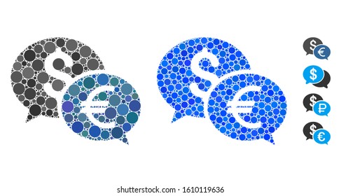 Currency transfer chat composition of spheric dots in various sizes and color tones, based on currency transfer chat icon. Vector round dots are organized into blue composition.