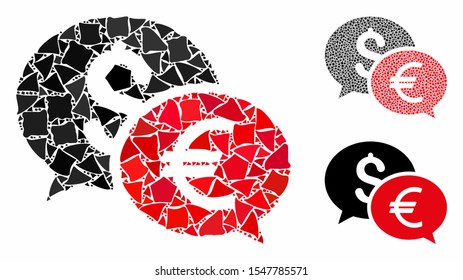 Currency transfer chat mosaic of rugged parts in different sizes and color tinges, based on currency transfer chat icon. Vector inequal parts are composed into mosaic.
