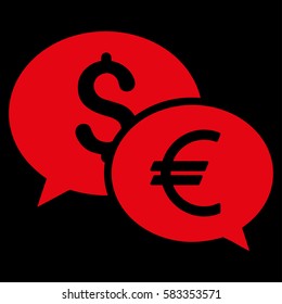 Currency Transfer Chat vector icon. Illustration style is a flat iconic red symbol on black background.