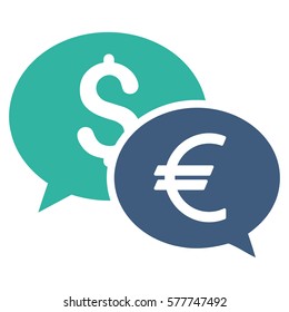 Currency Transfer Chat vector pictogram. Illustration style is a flat iconic bicolor cobalt and cyan symbol on white background.