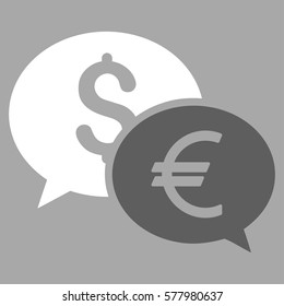 Currency Transfer Chat vector pictogram. Illustration style is a flat iconic bicolor dark gray and white symbol on silver background.
