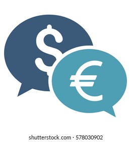 Currency Transfer Chat vector pictogram. Illustration style is a flat iconic bicolor cyan and blue symbol on white background.
