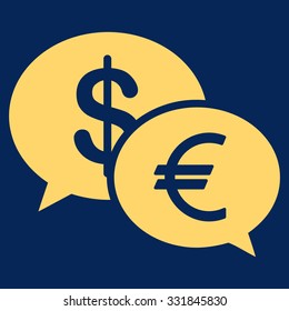 Currency Transfer vector icon. Style is flat yellow symbol, rounded angles, blue background.