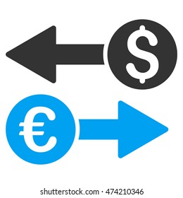 Currency Transfers icon. Vector style is bicolor flat iconic symbol, blue and gray colors, white background.