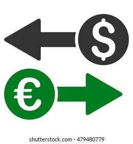 Currency Transfers icon. Vector style is bicolor flat iconic symbol, green and gray colors, white background.