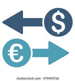 Currency Transfers icon. Vector style is bicolor flat iconic symbol, cyan and blue colors, white background.