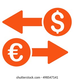 Currency Transfers icon. Vector style is flat iconic symbol, orange color, white background.