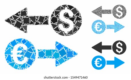 Currency transfers mosaic of tremulant parts in different sizes and color tinges, based on currency transfers icon. Vector uneven parts are organized into mosaic.