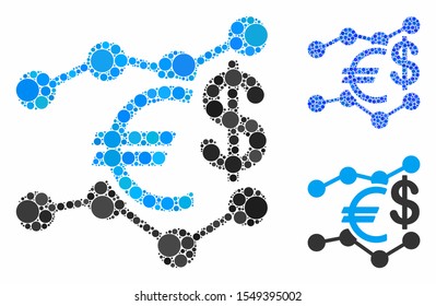 Currency trends composition of circle elements in variable sizes and color hues, based on currency trends icon. Vector circle elements are composed into blue illustration.