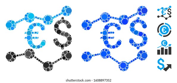 Currency trends composition of small circles in various sizes and color hues, based on currency trends icon. Vector small circles are composed into blue composition.
