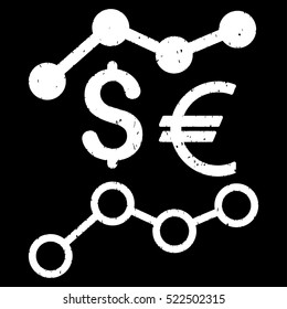 Currency Trends grainy textured icon for overlay watermark stamps. Flat symbol with dirty texture. Dotted vector white ink rubber seal stamp with grunge design on a black background.