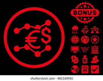 Currency Trends icon with bonus. Vector illustration style is flat iconic symbols, red color, black background.