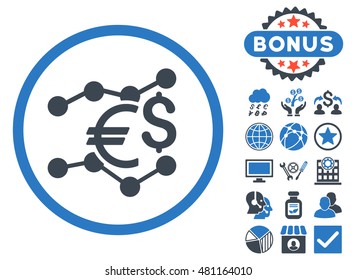 Currency Trends icon with bonus. Vector illustration style is flat iconic bicolor symbols, smooth blue colors, white background.