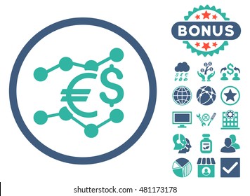 Currency Trends icon with bonus. Vector illustration style is flat iconic bicolor symbols, cobalt and cyan colors, white background.