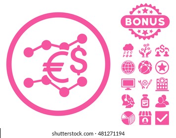 Currency Trends icon with bonus. Vector illustration style is flat iconic symbols, pink color, white background.