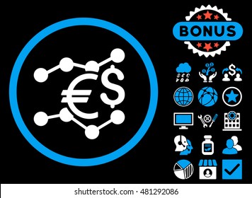 Currency Trends icon with bonus. Vector illustration style is flat iconic bicolor symbols, blue and white colors, black background.