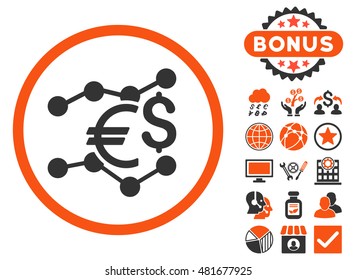 Currency Trends icon with bonus. Vector illustration style is flat iconic bicolor symbols, orange and gray colors, white background.