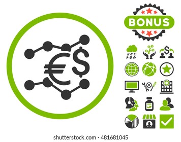 Currency Trends icon with bonus. Vector illustration style is flat iconic bicolor symbols, eco green and gray colors, white background.